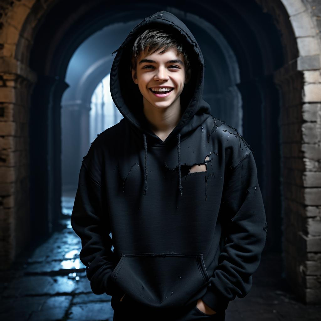 Young man in stylish black hoodie with blue lighting