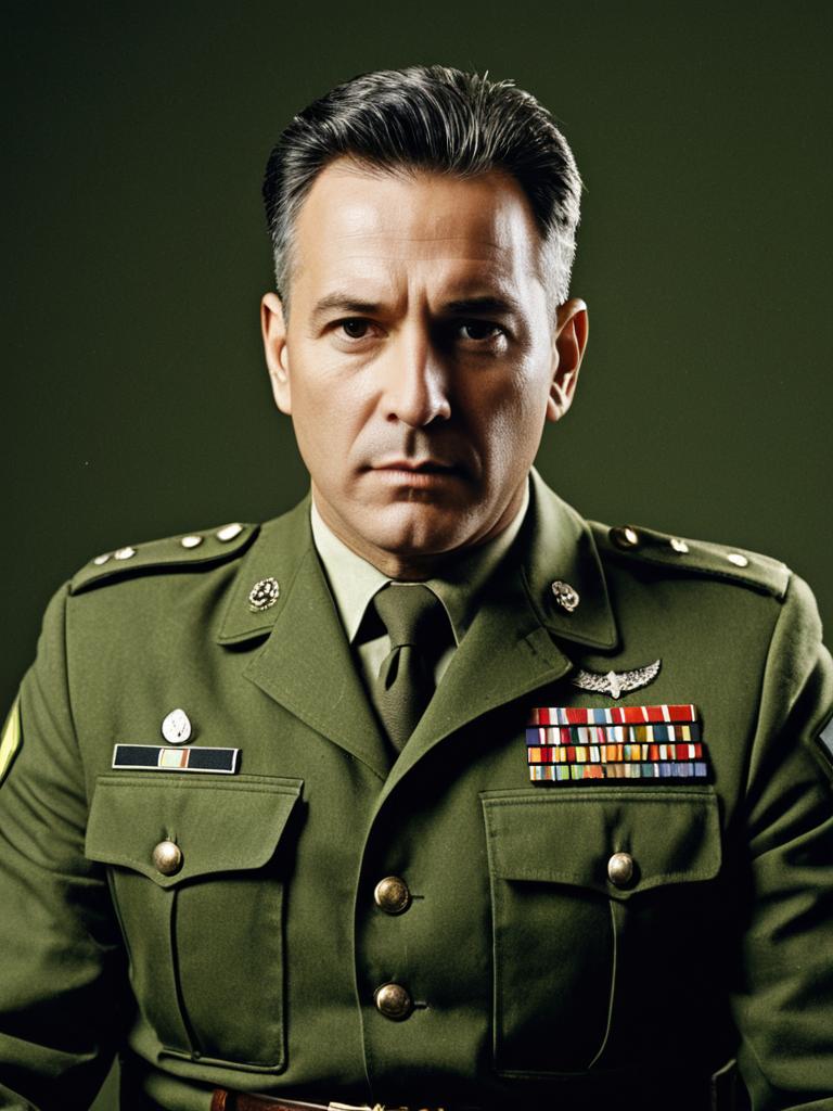 Man in Army-Inspired Olive Green Military Costume Photorealistic Studio Portrait