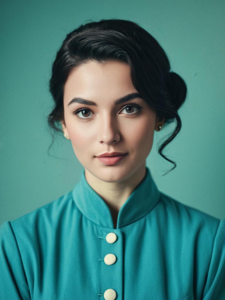 Photorealistic Portrait of Woman in Teal Traditional Garment