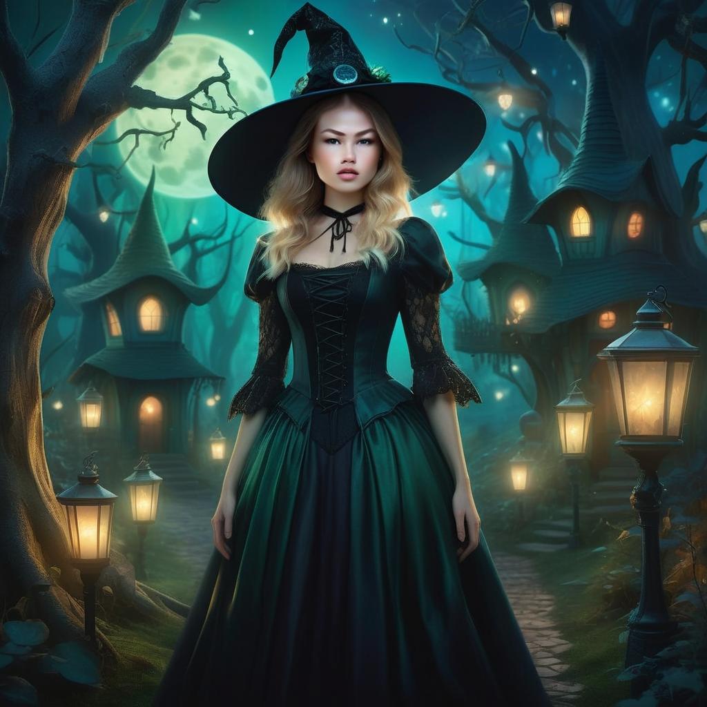 Mystical Woman in Witch Costume in Enchanted Forest Village at Night