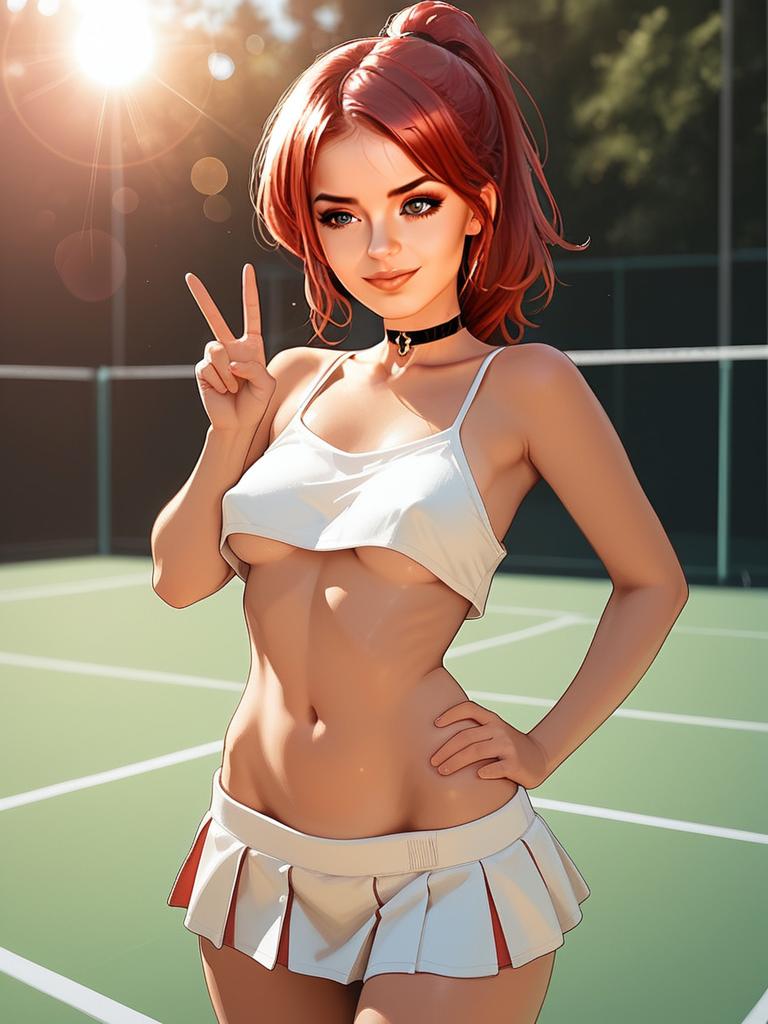 Anime Style Red-Haired Woman on Tennis Court in Sporty Outfit