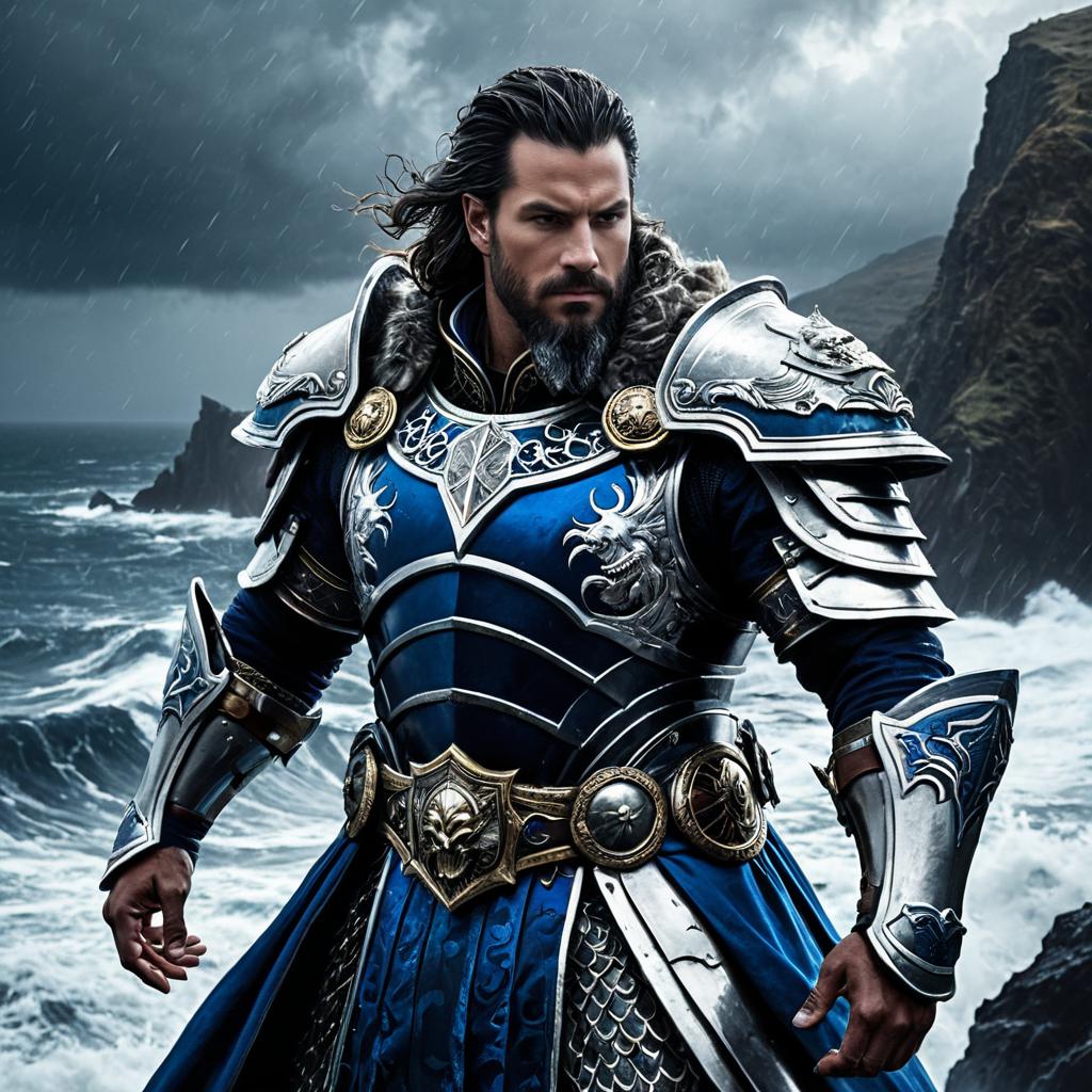Fantasy Warrior in Blue and Silver Armor by Stormy Sea