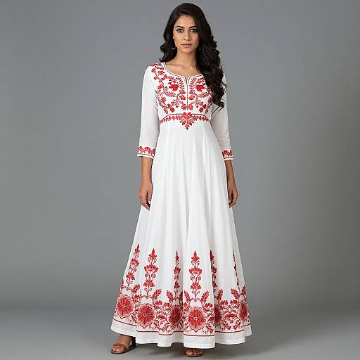 White Ethnic Dress with Red Floral Embroidery for Women