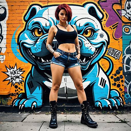 Confident Woman Posing in Front of Colorful Bulldog Street Art Mural