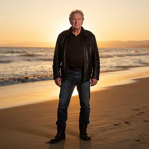 Older Man in Leather Jacket Standing on Beach at Sunset