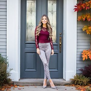 Stylish Woman in Burgundy Lace Top by Autumn Doors