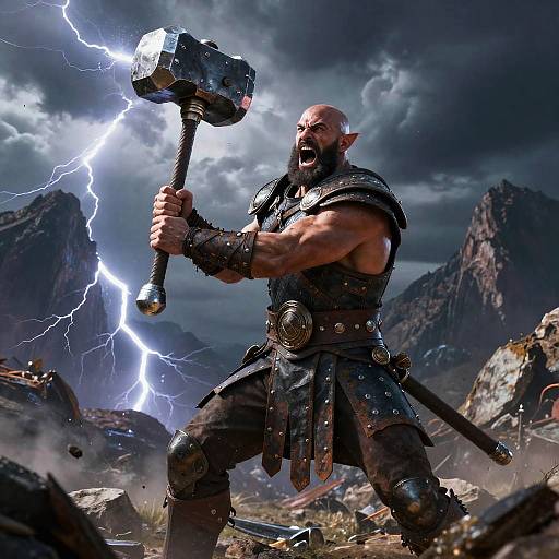 Epic Warrior Man with Hammer in Stormy Fantasy Landscape
