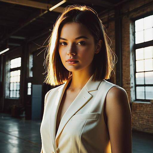 Confident Woman in White Sleeveless Blazer in Industrial Loft Studio