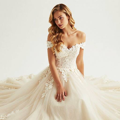 Elegant Off-the-Shoulder Floral Lace Wedding Dress With Tulle Skirt