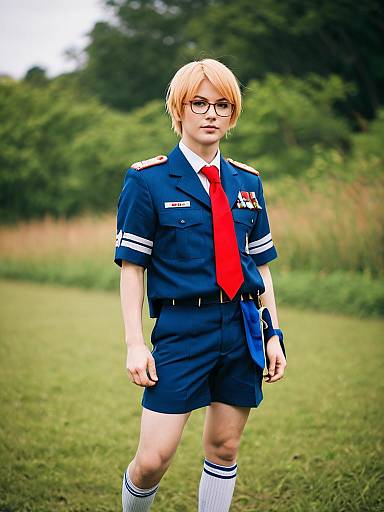 Hakata Toushirou Cosplay in Blue Military Uniform with Red Tie