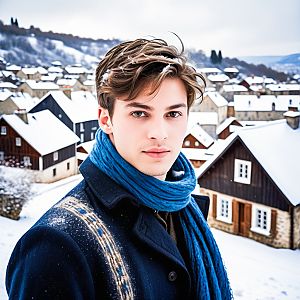 Young Man in Dark Coat and Blue Scarf in Snowy Village