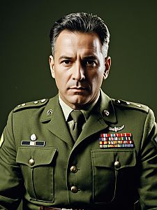 Man in Army-Inspired Olive Green Military Costume Photorealistic Studio Portrait