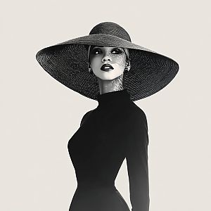 Black and White Fashion Portrait of Woman in Hat