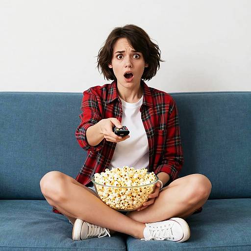 Young Woman Watching TV Surprised on Couch with Popcorn
