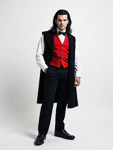 Man in Classic Dracula Costume with Red Vest and Black Coat Full Body Portrait