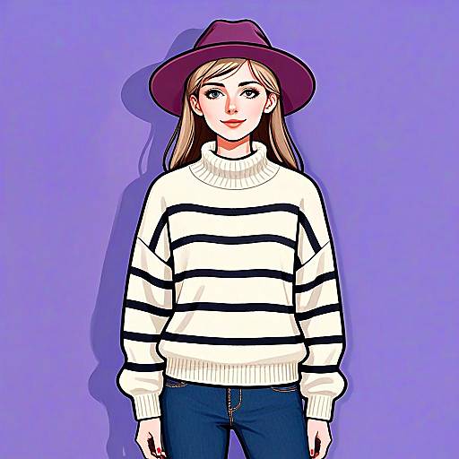 Stylish Woman Wearing Casual Oversized Knit Sweater and Purple Hat Illustration