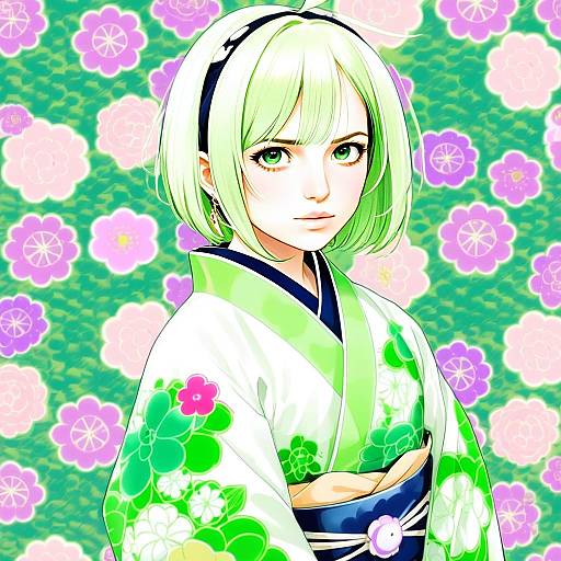 Anime Woman in Green Floral Kimono with Light Green Hair