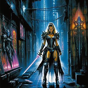 Fierce Woman Warrior in Futuristic Alley