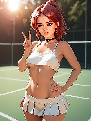Anime Style Red-Haired Woman on Tennis Court in Sporty Outfit