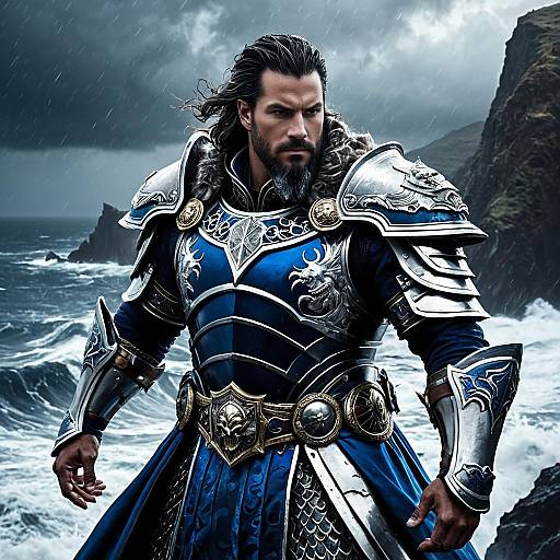 Fantasy Warrior in Blue and Silver Armor by Stormy Sea