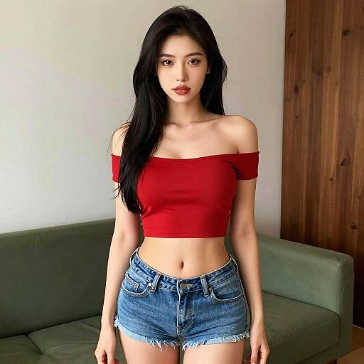 Young Woman in Red Off-Shoulder Crop Top and Denim Shorts Indoors