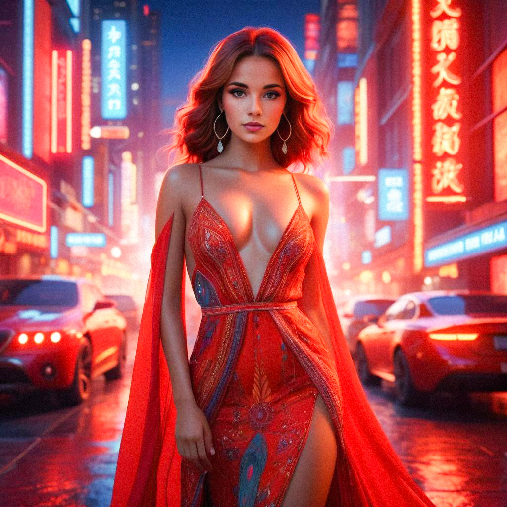 Confident Woman in Elegant Red Dress in Neon Urban Setting