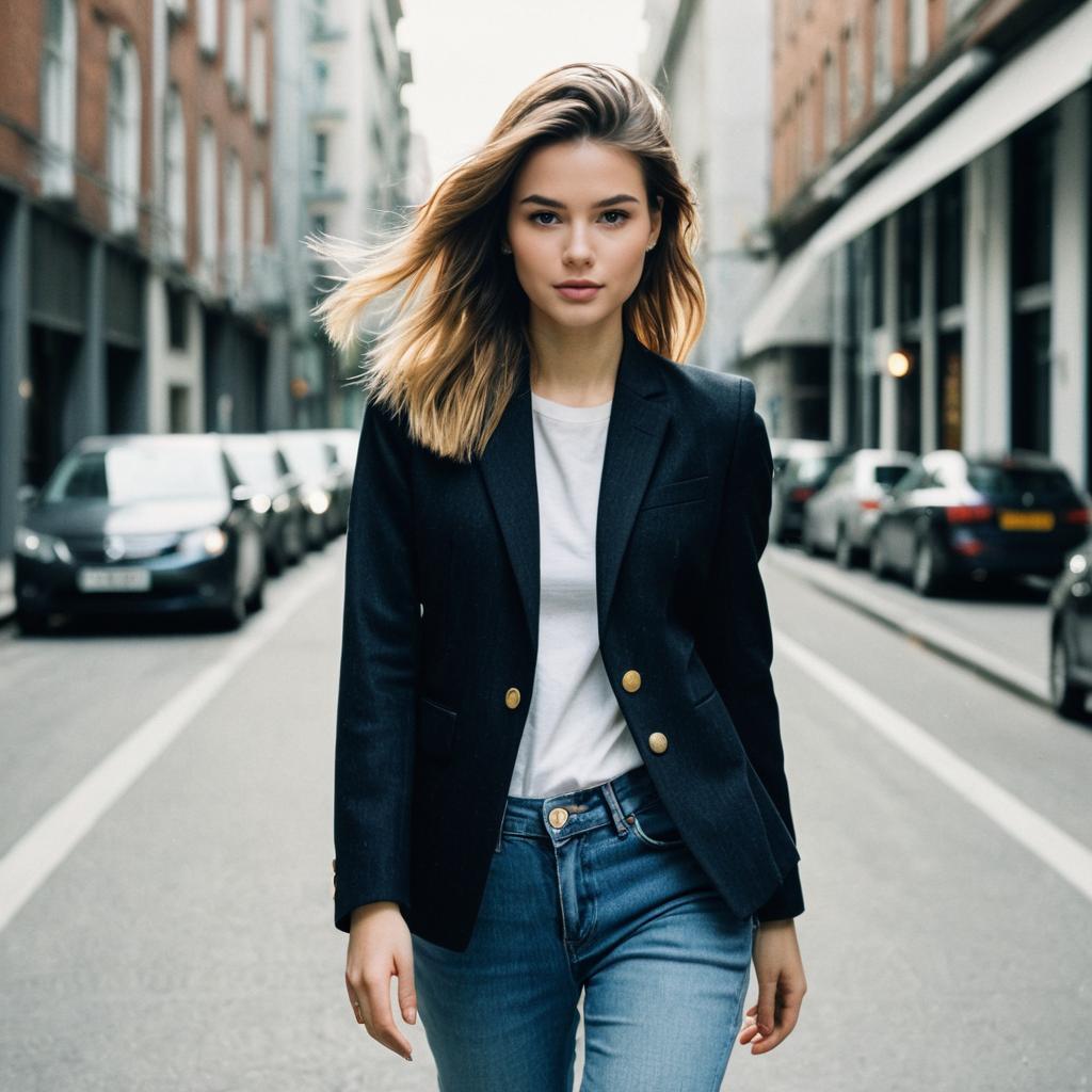 Confident Young Woman Walking in City Street Wearing Black Blazer and Jeans