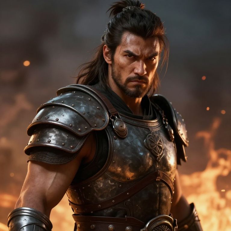 Fierce Warrior Man in Medieval Armor with Fiery Background