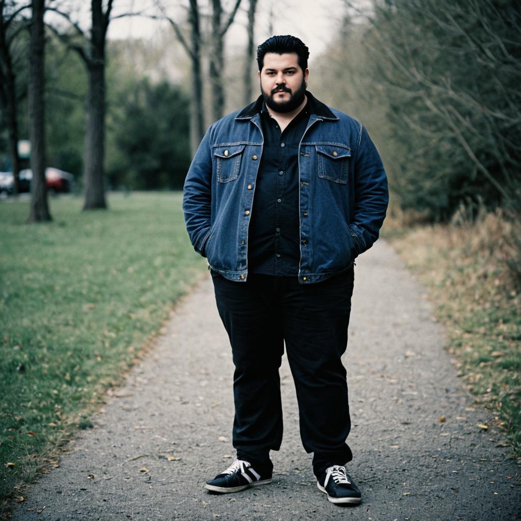 Plus-size man on pathway in denim jacket