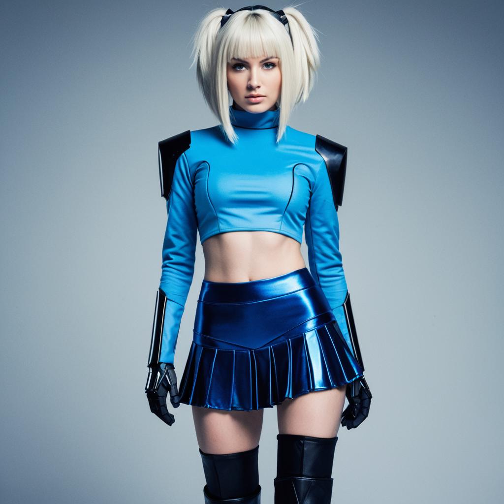 Futuristic Cyberpunk Woman in Blue Metallic Outfit and Black Armor