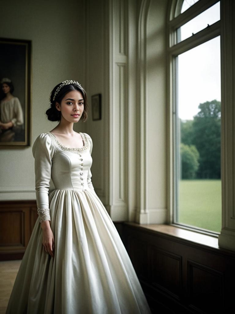 Elegant Woman in Vintage Gown by Window