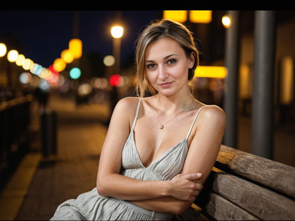 Woman in Striped Sundress on Bench at Night