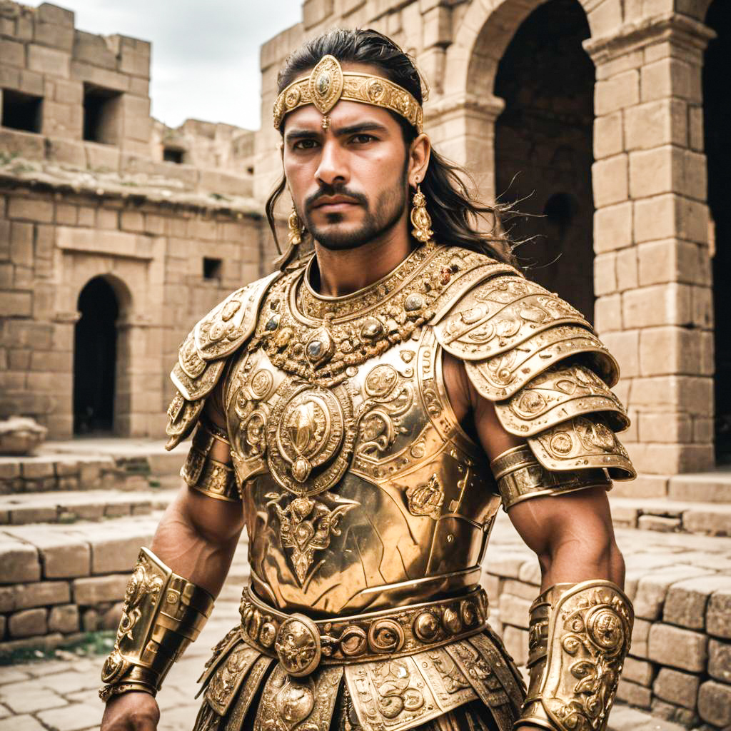 Heroic Man in Golden Armor at Ancient Fortress