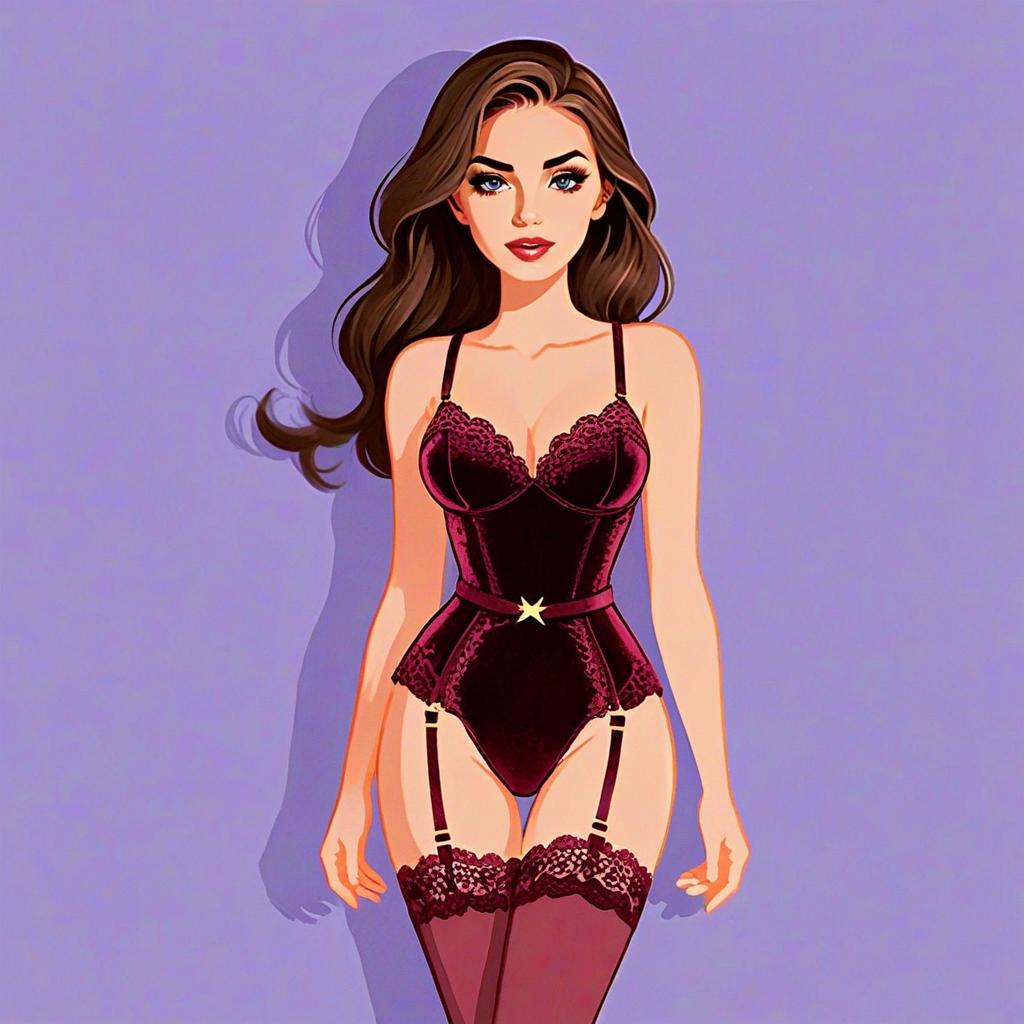Woman in Deep Burgundy Velvet Boudoir Bodysuit Digital Illustration