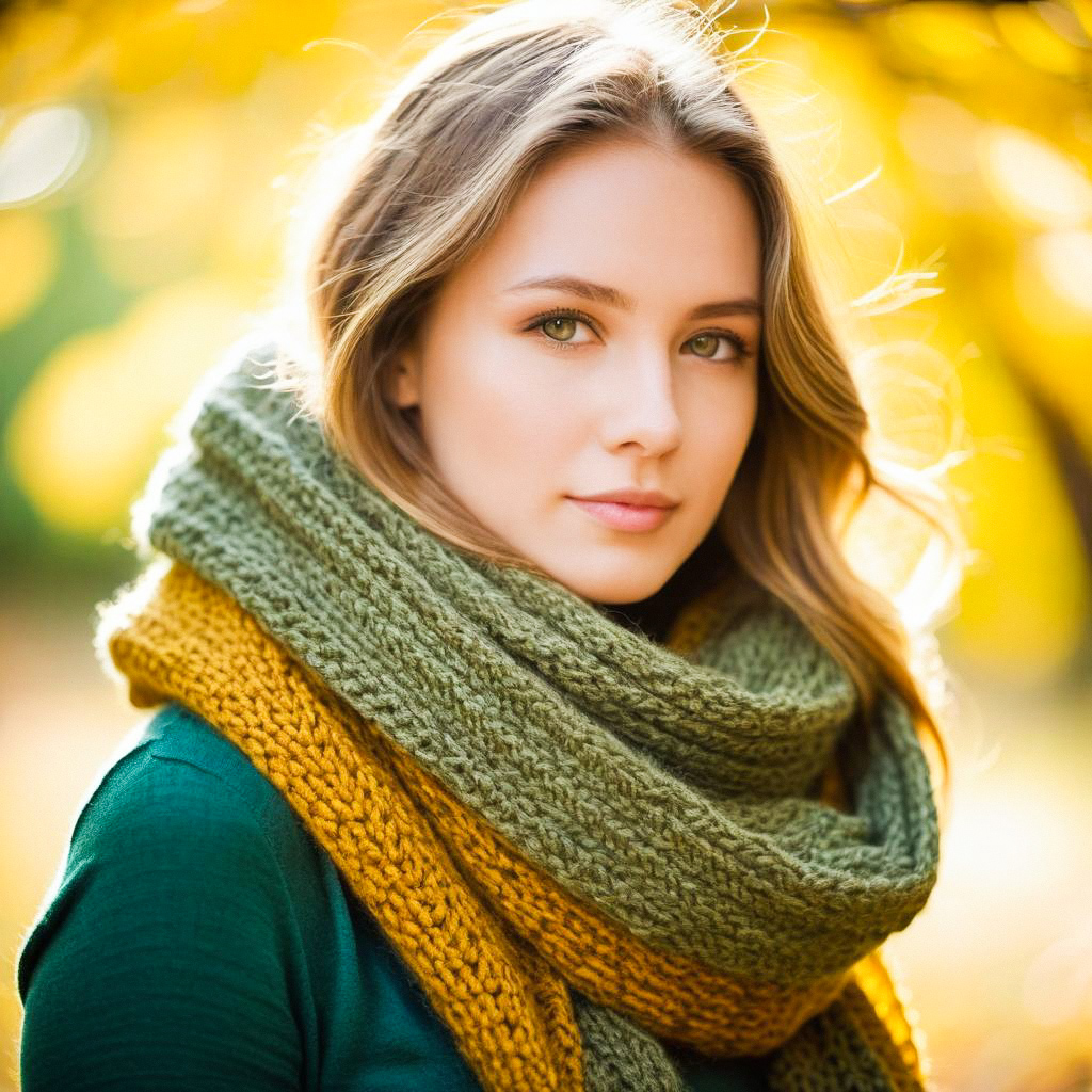Young Woman in Knitted Scarf in Autumn Setting