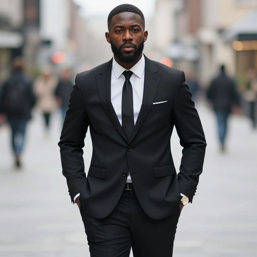 Confident Man in Black Suit Walking on City Street