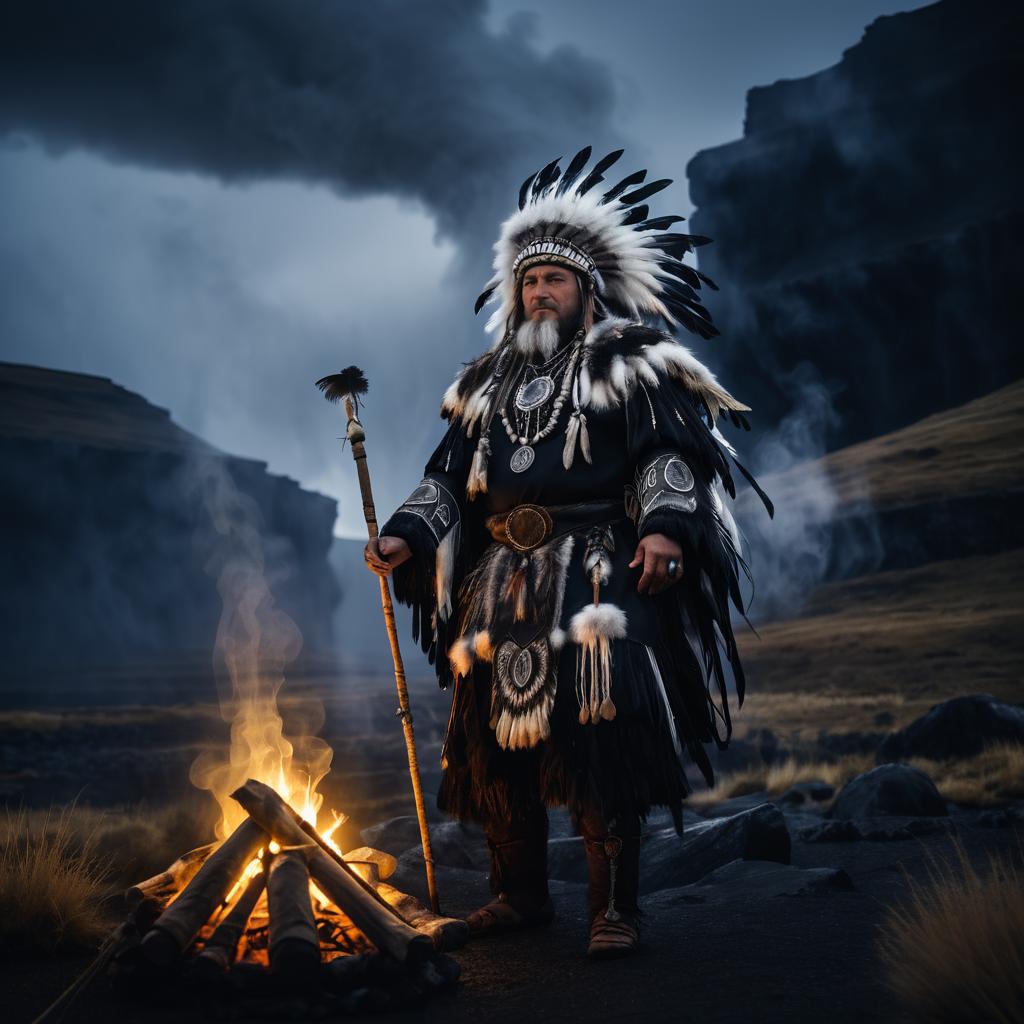 Man in Traditional Native American Attire with Feathered Headdress by Campfire