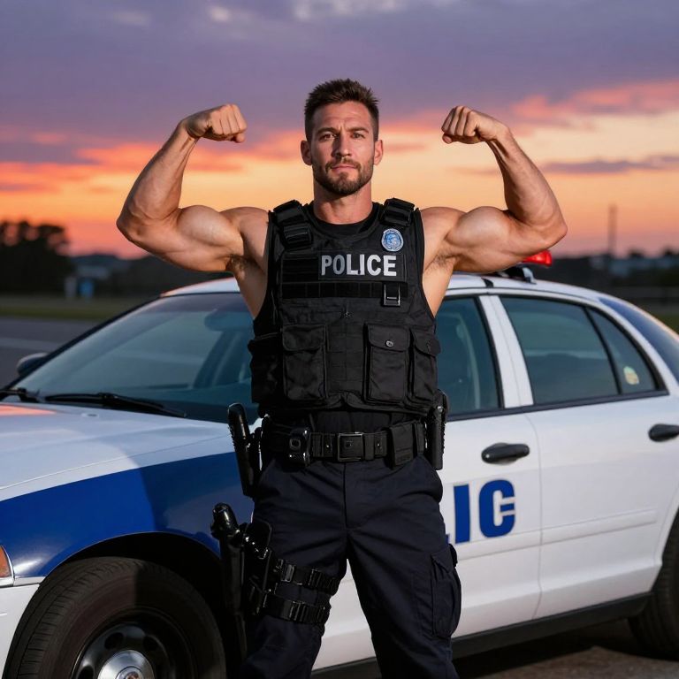 Muscular Police Officer Flexing Muscles in Front of Patrol Car at Sunset