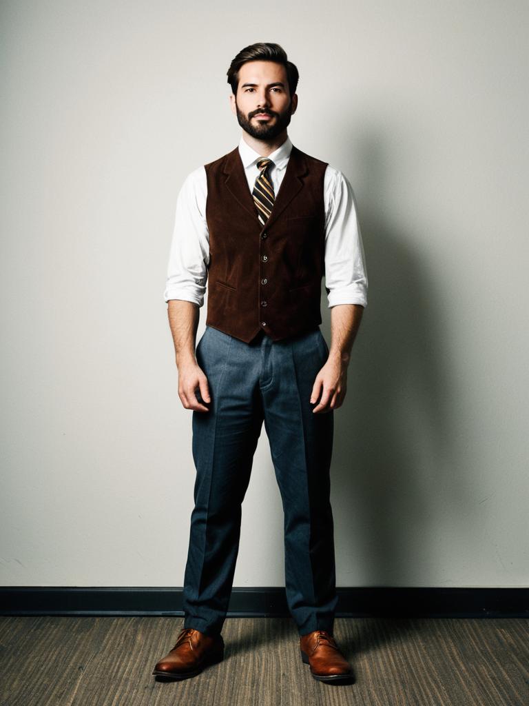 Stylish Man in Brown Suede Vest and Gray Trousers OOTD