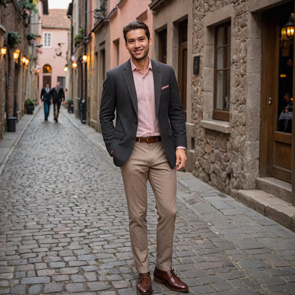 Stylish Man in Smart-Casual Attire on Cobblestone Street