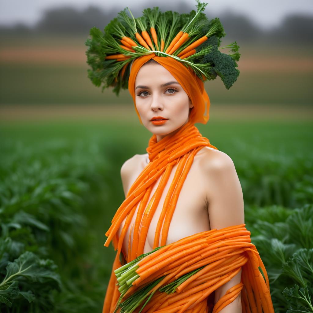 Woman in Carrot Fashion Amidst Lush Field