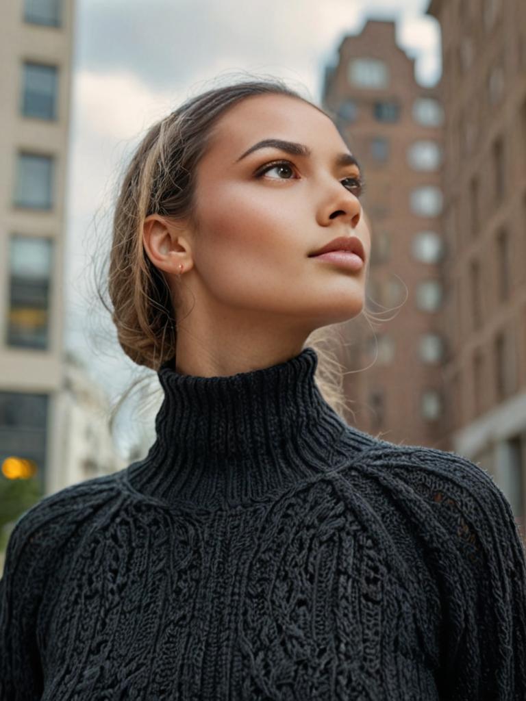 Woman in dark chunky knit turtleneck with cityscape