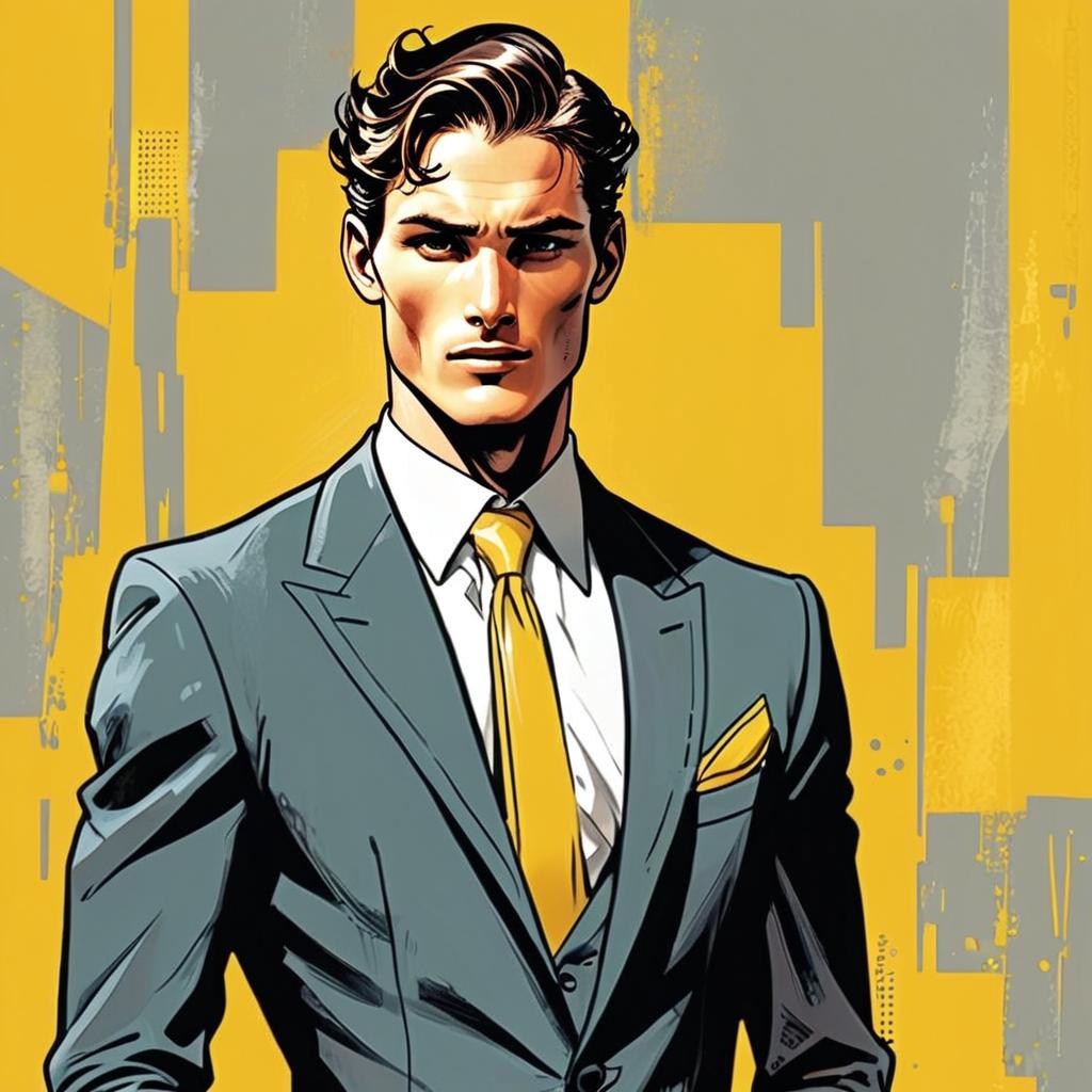 Confident Man in Gray Suit with Yellow Tie Confident Man in Gray Suit with Yellow Tie