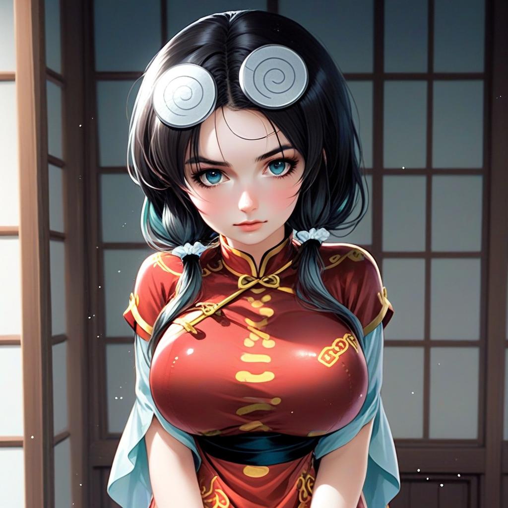 Anime-Style Illustration of Woman in Red Cheongsam with Spiral Hair Accessories