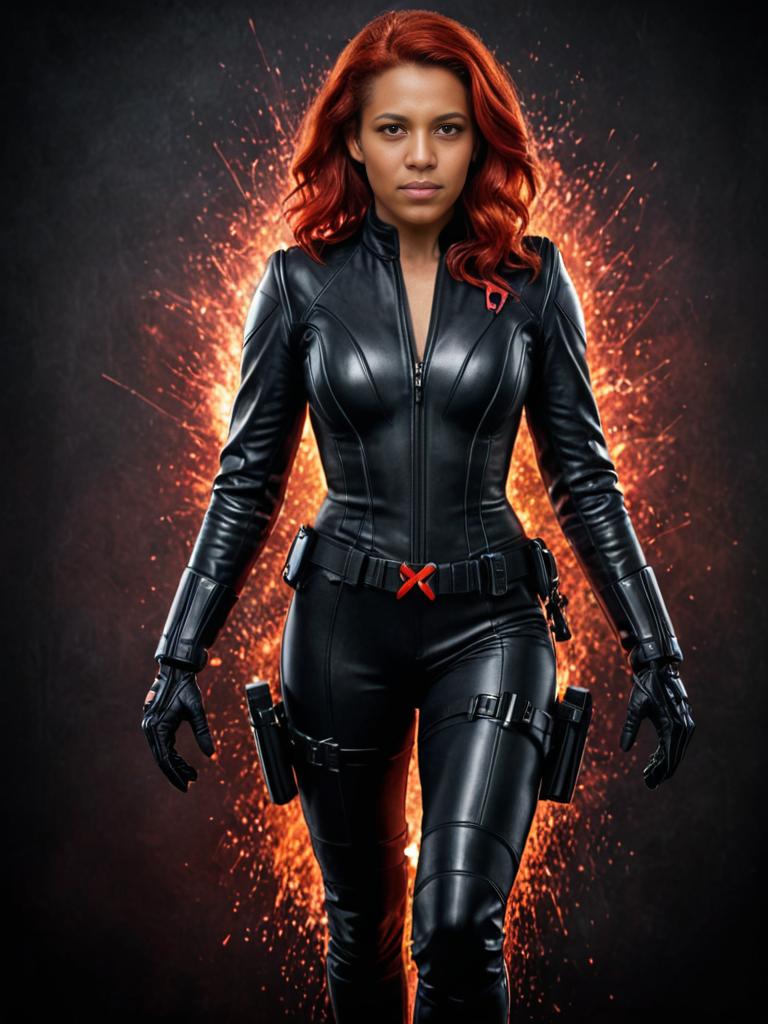 Black Widow Cosplayer with Fiery Background