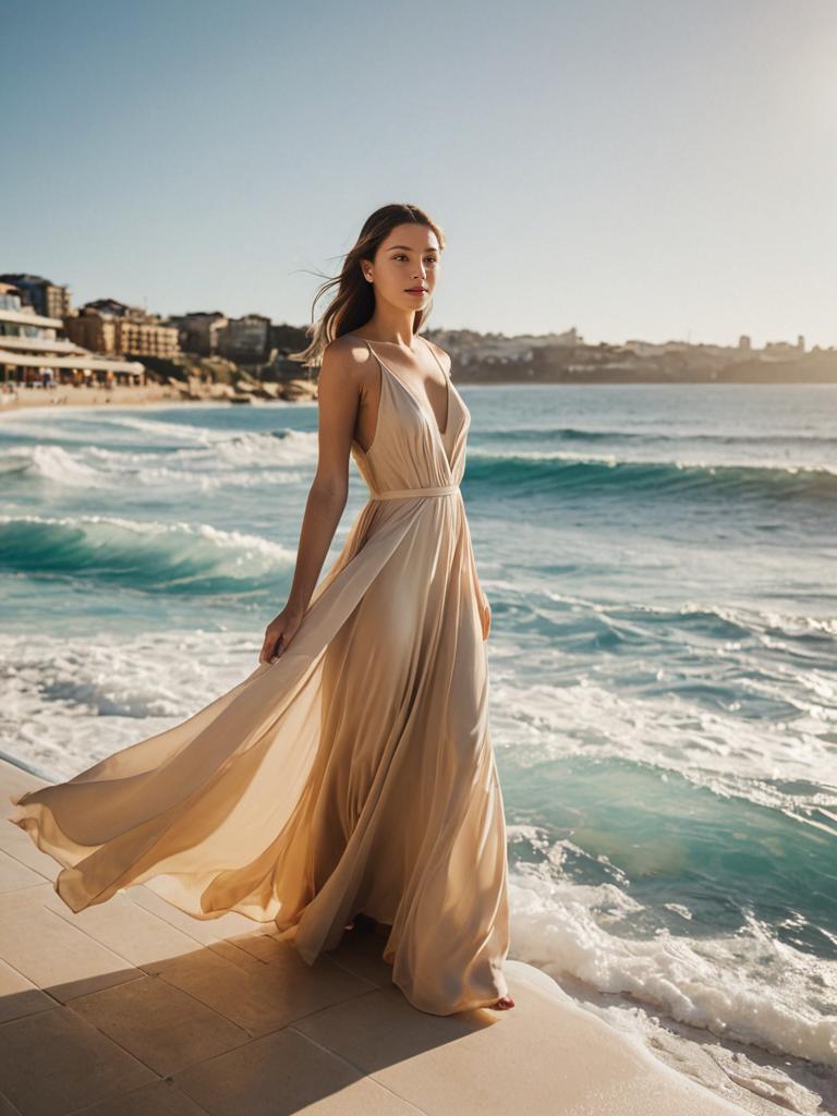 Elegant Woman in Beige Gown on Beach