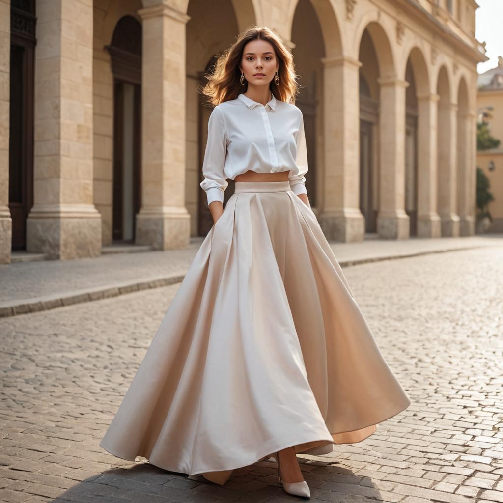 Elegant Woman in Voluminous Skirt on Cobblestone Street