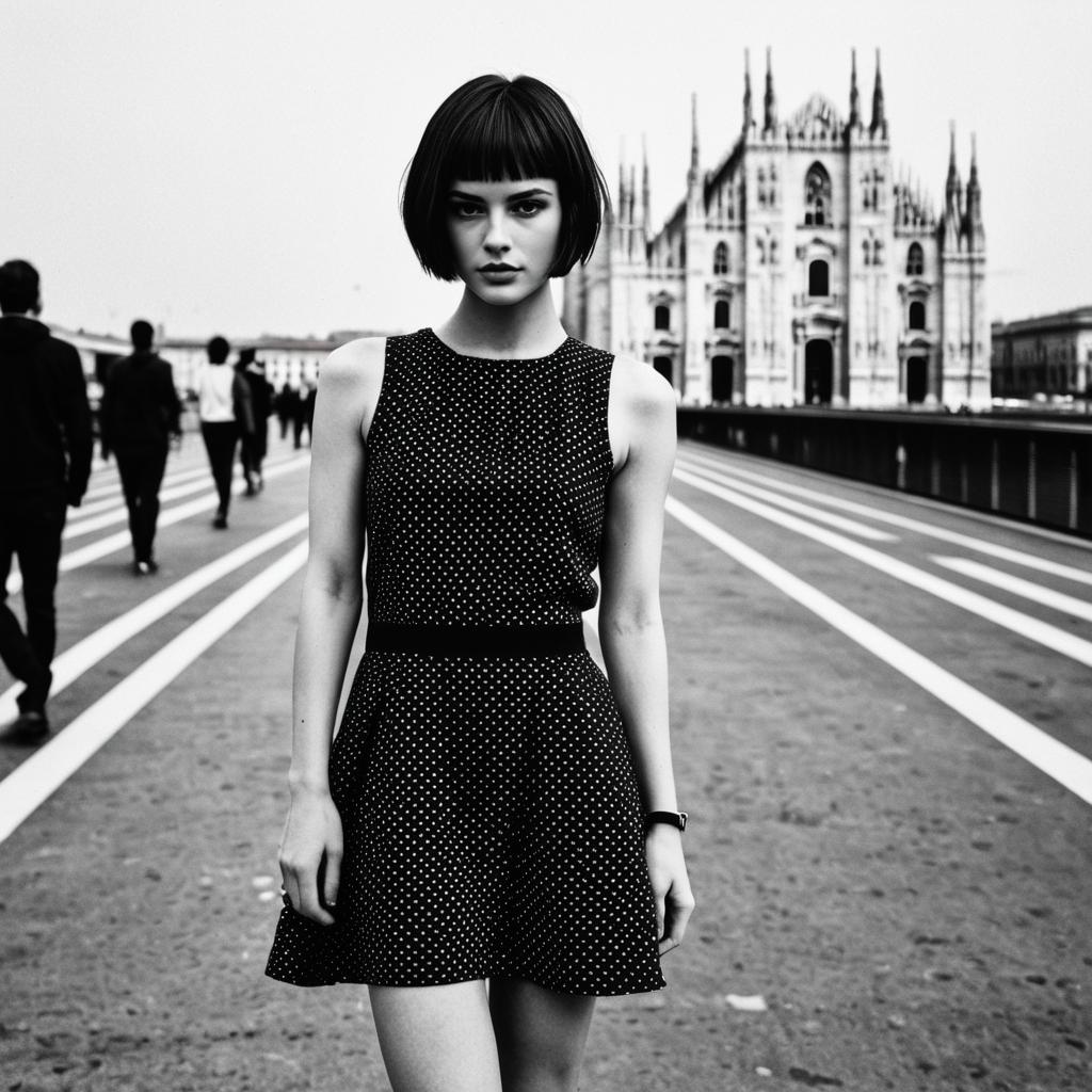 Fashionable Woman in Polka Dot Dress at Milan Cathedral Black and White Portrait
