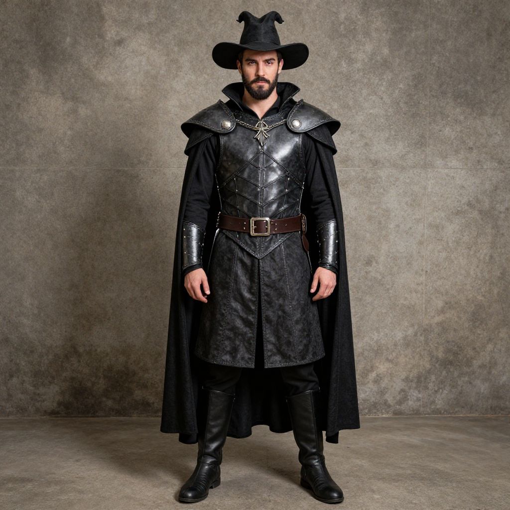 Man in Black Fantasy Wizard Costume with Leather Armor and Cape