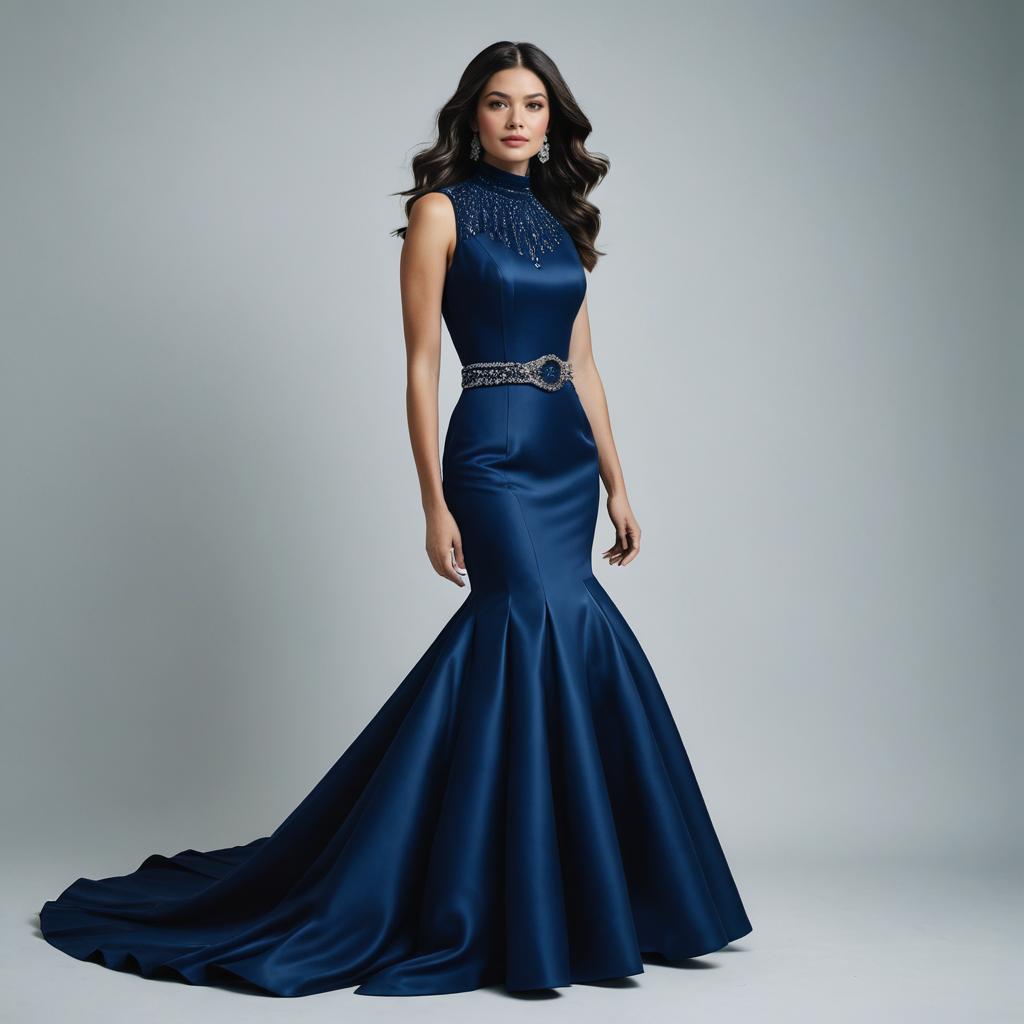 Elegant Navy Blue Mermaid Evening Gown with Beaded Neckline and Train